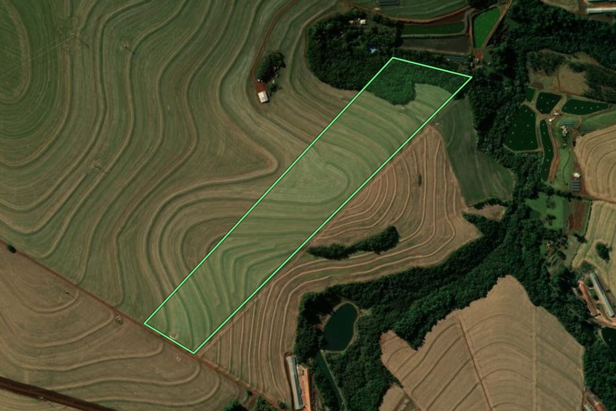 Imagem de satélite do imóvel rural em Nova Aurora (PR), com o contorno declarado no CAR desenhado por cima.