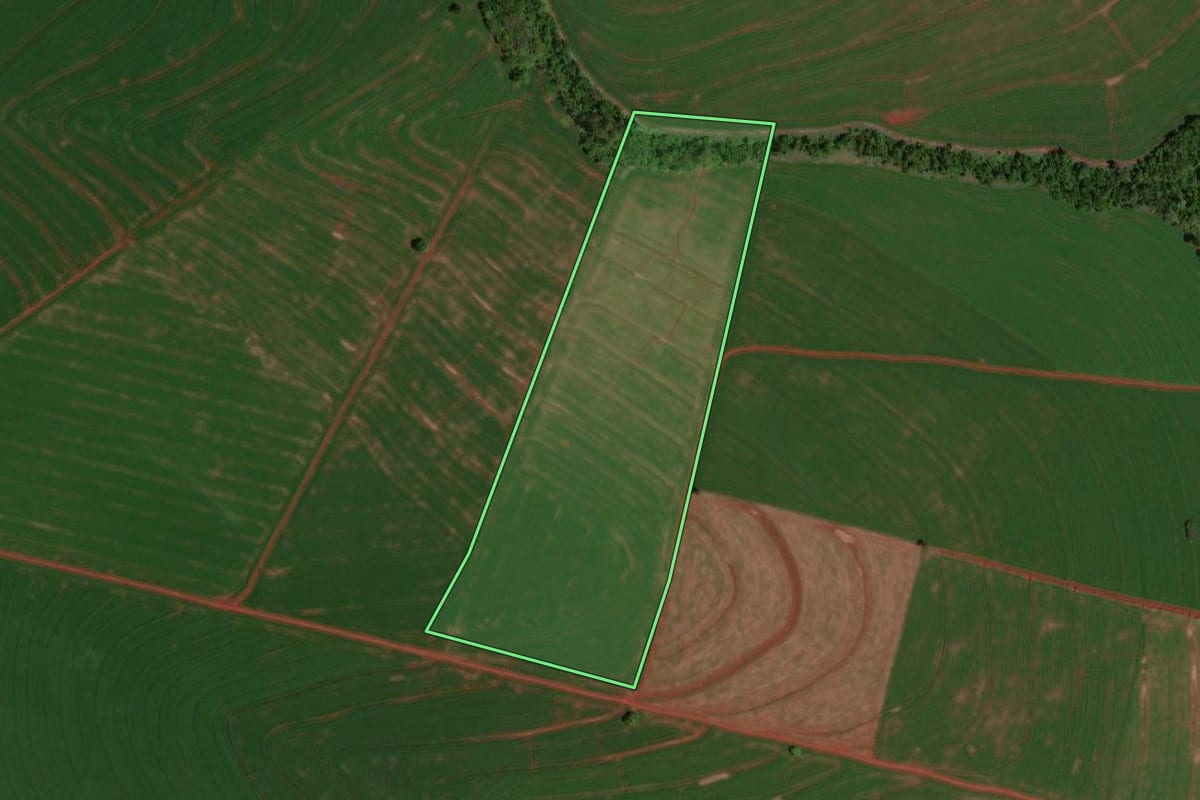 Imagem de satélite do imóvel rural em Nova Aurora (PR), com o contorno declarado no CAR desenhado por cima.