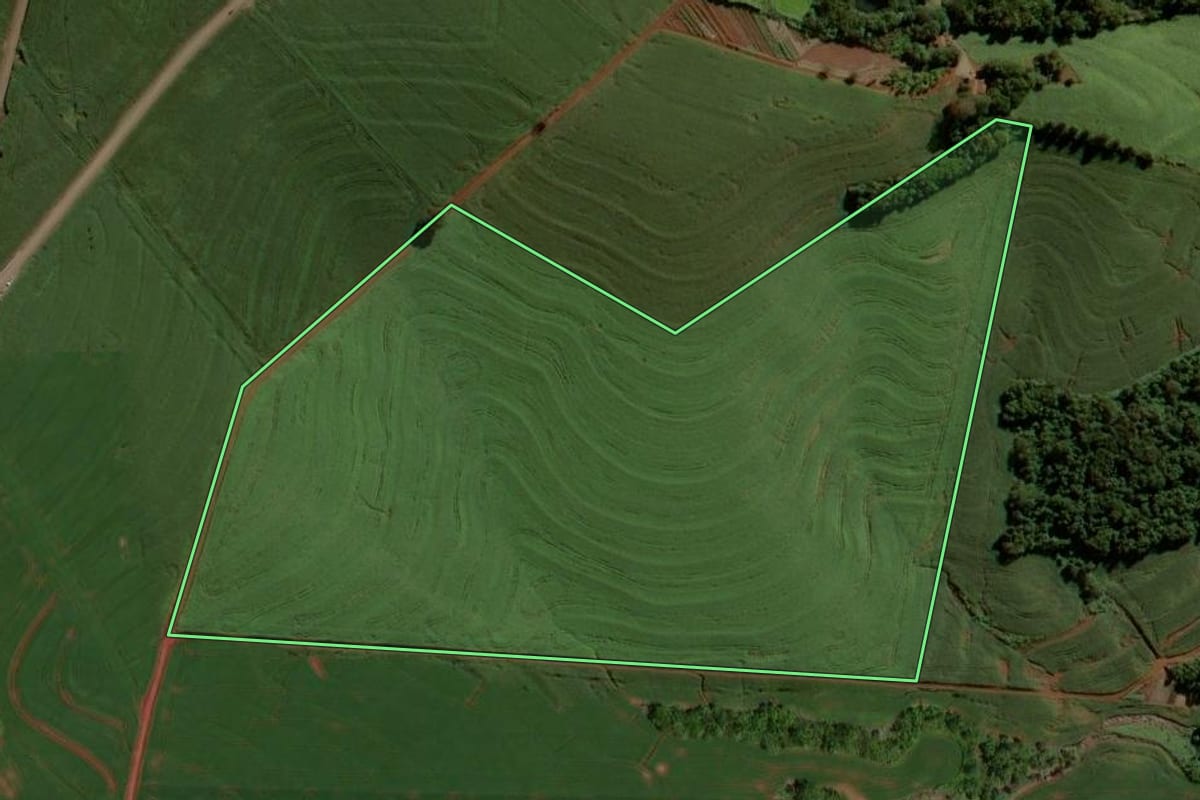 Imagem de satélite do imóvel rural em Nova Aurora (PR), com o contorno declarado no CAR desenhado por cima.