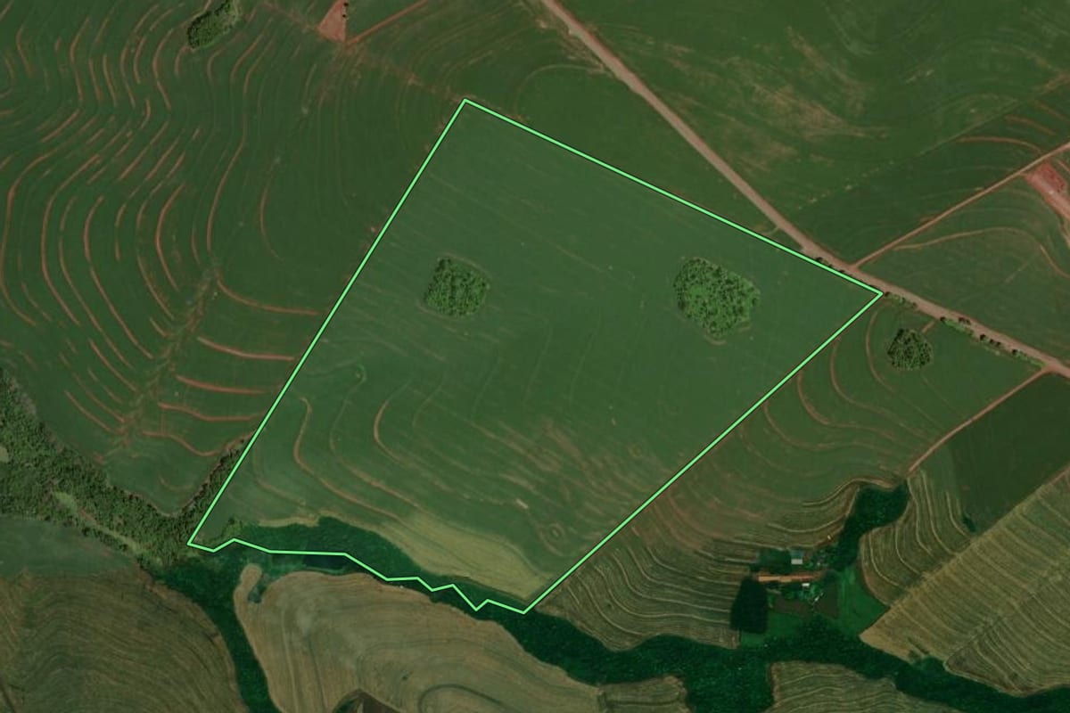 Imagem de satélite do imóvel rural em Nova Aurora (PR), com o contorno declarado no CAR desenhado por cima.