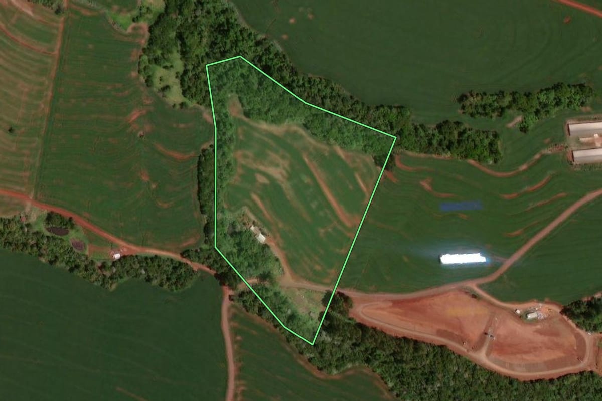Imagem de satélite do imóvel rural em Nova Aurora (PR), com o contorno declarado no CAR desenhado por cima.
