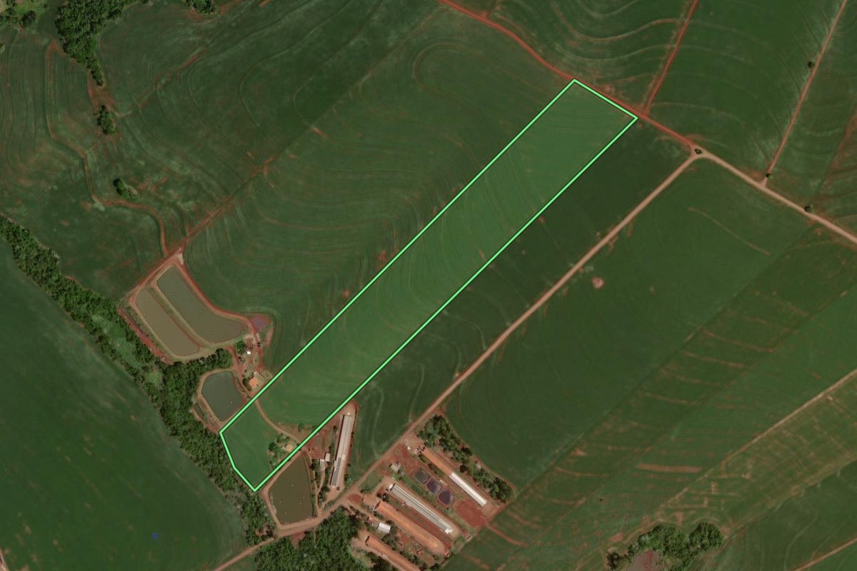 Imagem de satélite do imóvel rural em Nova Aurora (PR), com o contorno declarado no CAR desenhado por cima.