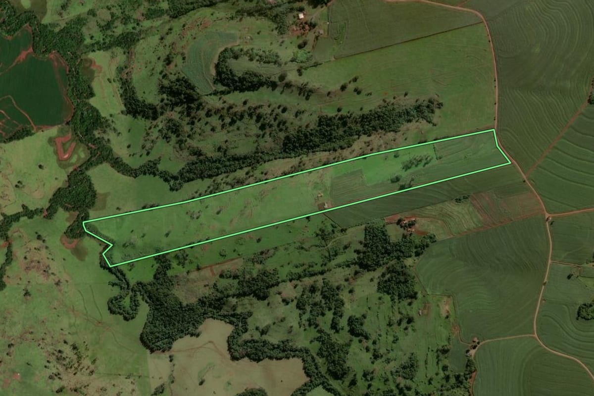 Imagem de satélite do imóvel rural em Nova Aurora (PR), com o contorno declarado no CAR desenhado por cima.