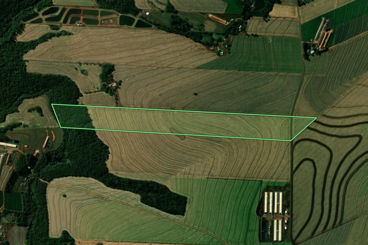 Imagem de satélite do imóvel rural em Nova Aurora (PR), com o contorno declarado no CAR desenhado por cima.