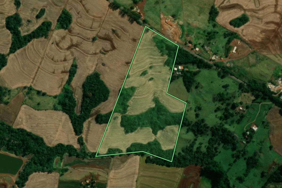 Imagem de satélite do imóvel rural em Nova Aurora (PR), com o contorno declarado no CAR desenhado por cima.