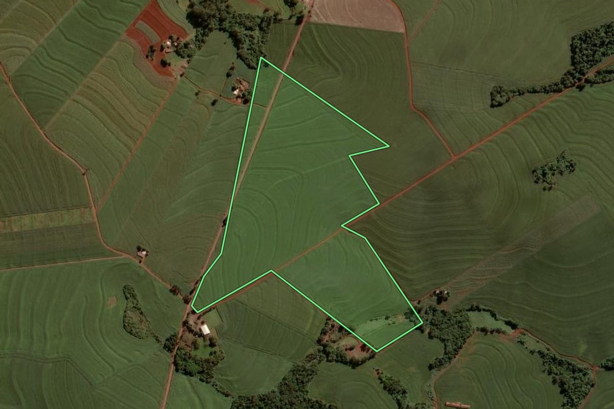 Imagem de satélite do imóvel rural em Nova Aurora (PR), com o contorno declarado no CAR desenhado por cima.