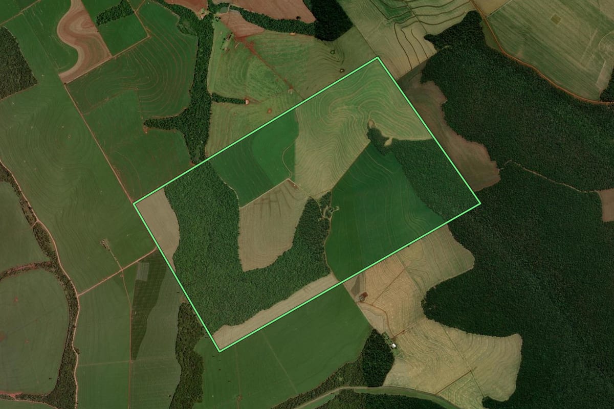 Imagem de satélite do imóvel rural em Nova Cantu (PR), com o contorno declarado no CAR desenhado por cima.