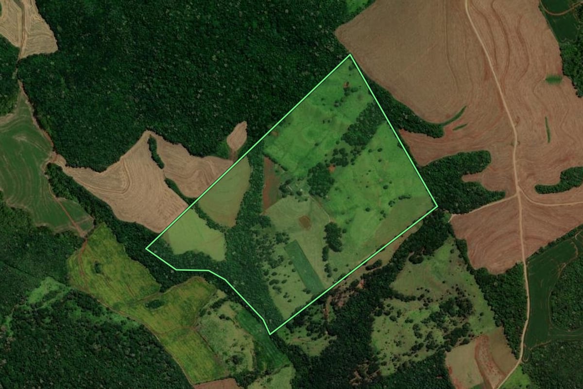 Imagem de satélite do imóvel rural em Nova Cantu (PR), com o contorno declarado no CAR desenhado por cima.