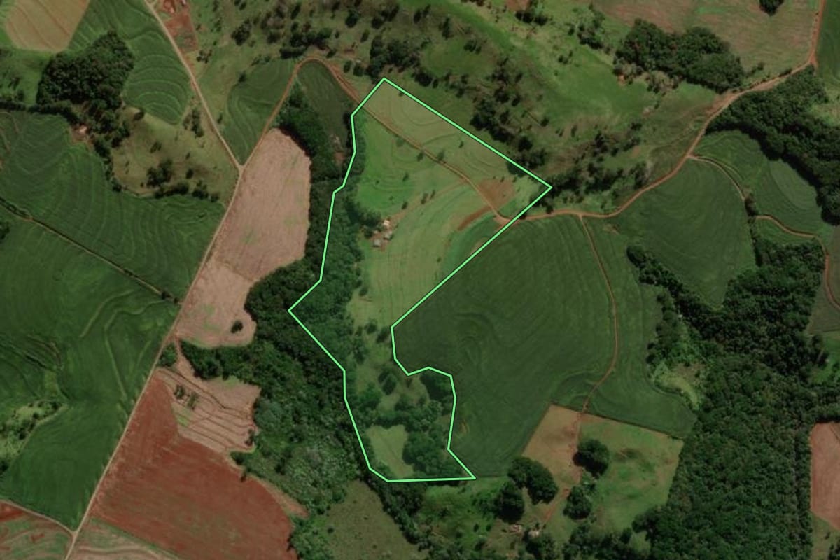 Imagem de satélite do imóvel rural em Nova Cantu (PR), com o contorno declarado no CAR desenhado por cima.