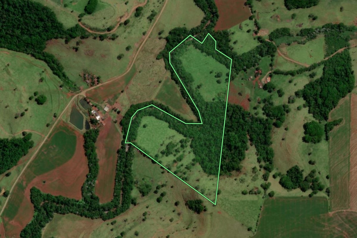 Imagem de satélite do imóvel rural em Nova Cantu (PR), com o contorno declarado no CAR desenhado por cima.