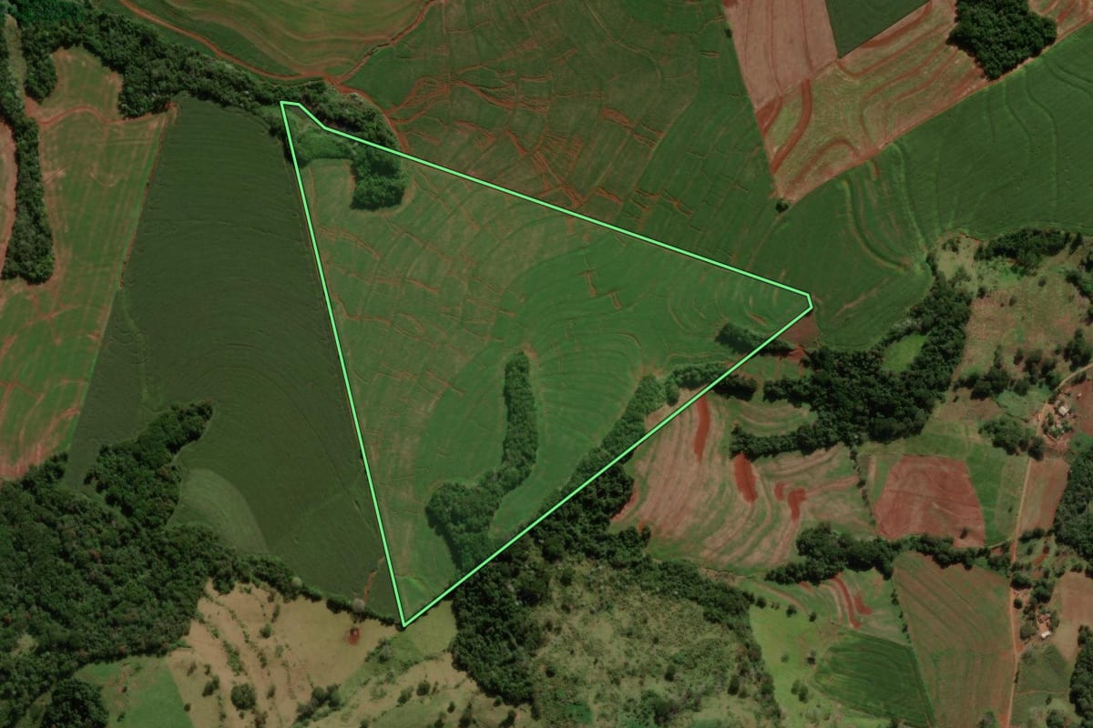 Imagem de satélite do imóvel rural em Nova Cantu (PR), com o contorno declarado no CAR desenhado por cima.