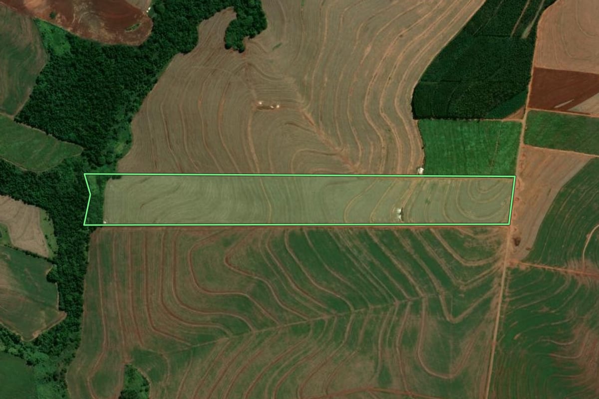 Imagem de satélite do imóvel rural em Nova Esperança (PR), com o contorno declarado no CAR desenhado por cima.