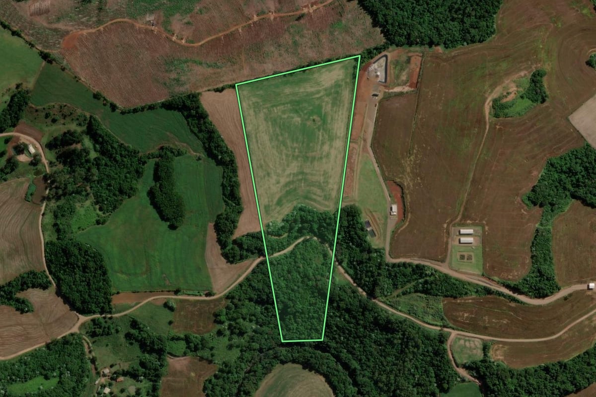 Imagem de satélite do imóvel rural em Nova Esperança do Sudoeste (PR), com o contorno declarado no CAR desenhado por cima.