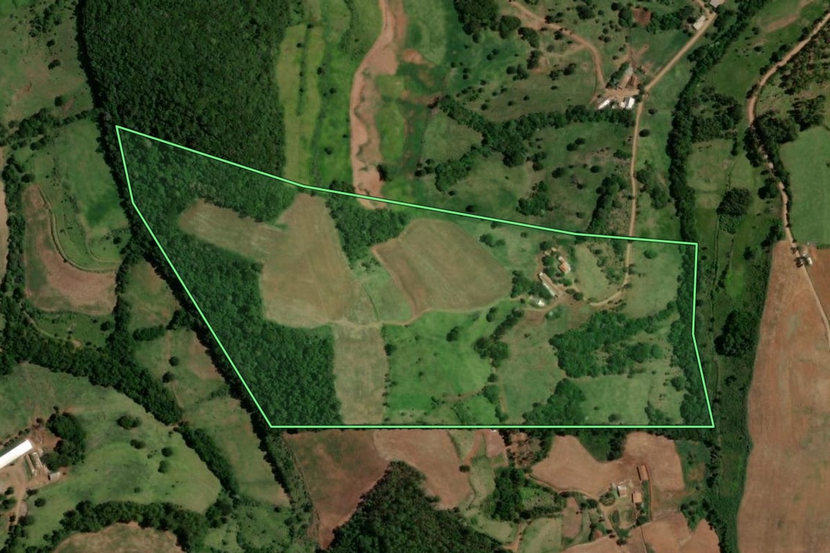 Imagem de satélite do imóvel rural em Nova Esperança do Sudoeste (PR), com o contorno declarado no CAR desenhado por cima.