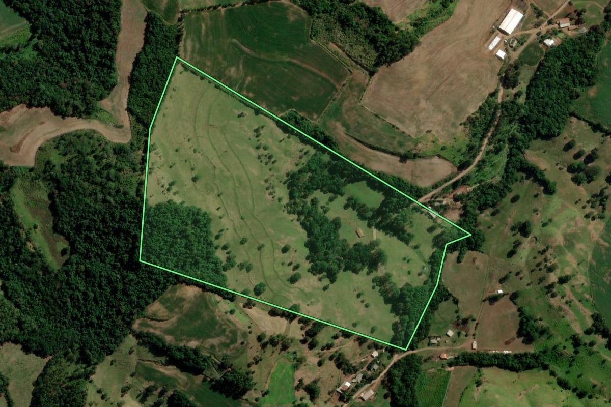 Imagem de satélite do imóvel rural em Nova Esperança do Sudoeste (PR), com o contorno declarado no CAR desenhado por cima.