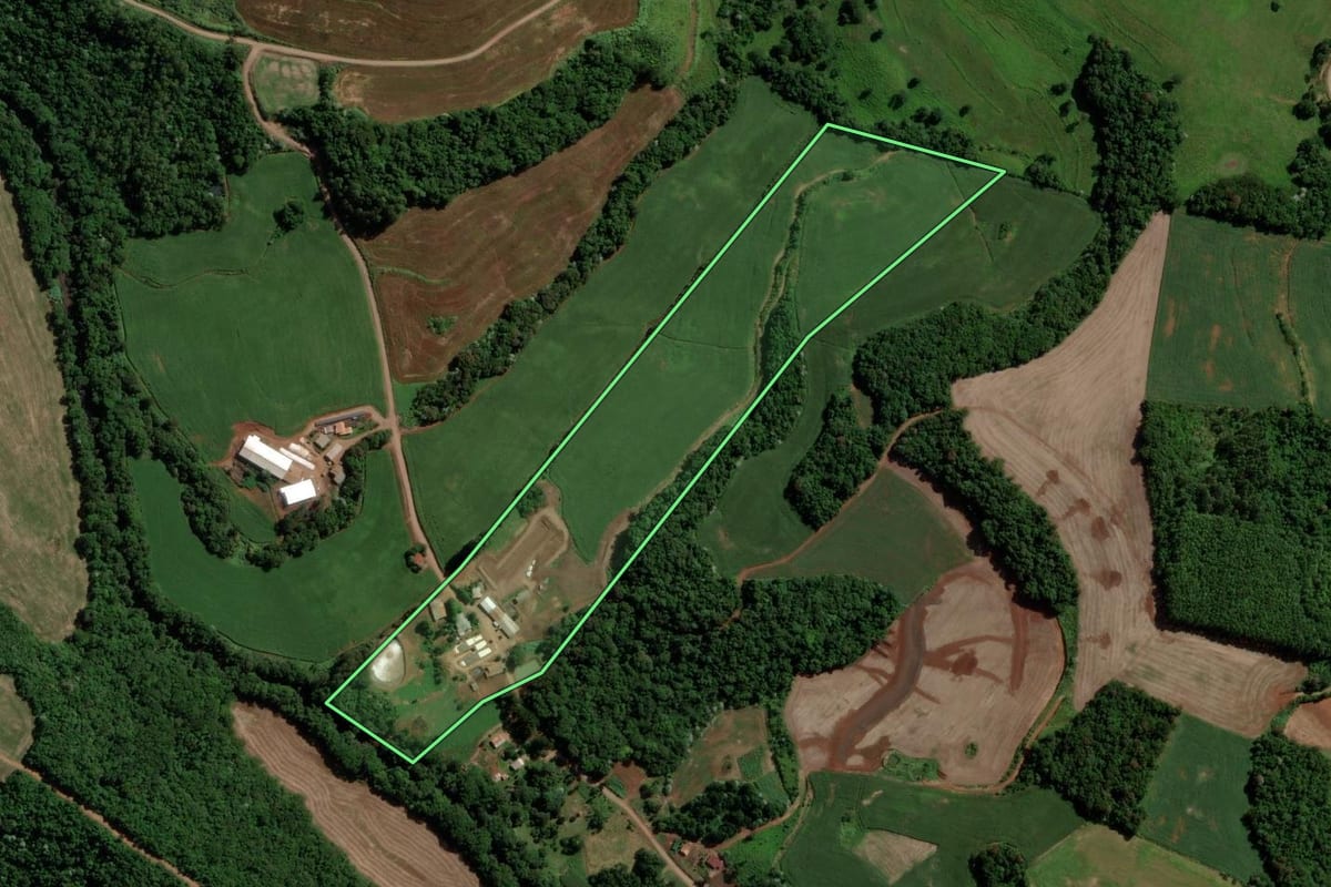 Imagem de satélite do imóvel rural em Nova Esperança do Sudoeste (PR), com o contorno declarado no CAR desenhado por cima.