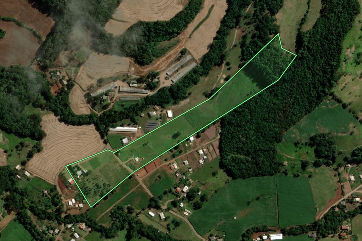 Imagem de satélite do imóvel rural em Nova Esperança do Sudoeste (PR), com o contorno declarado no CAR desenhado por cima.