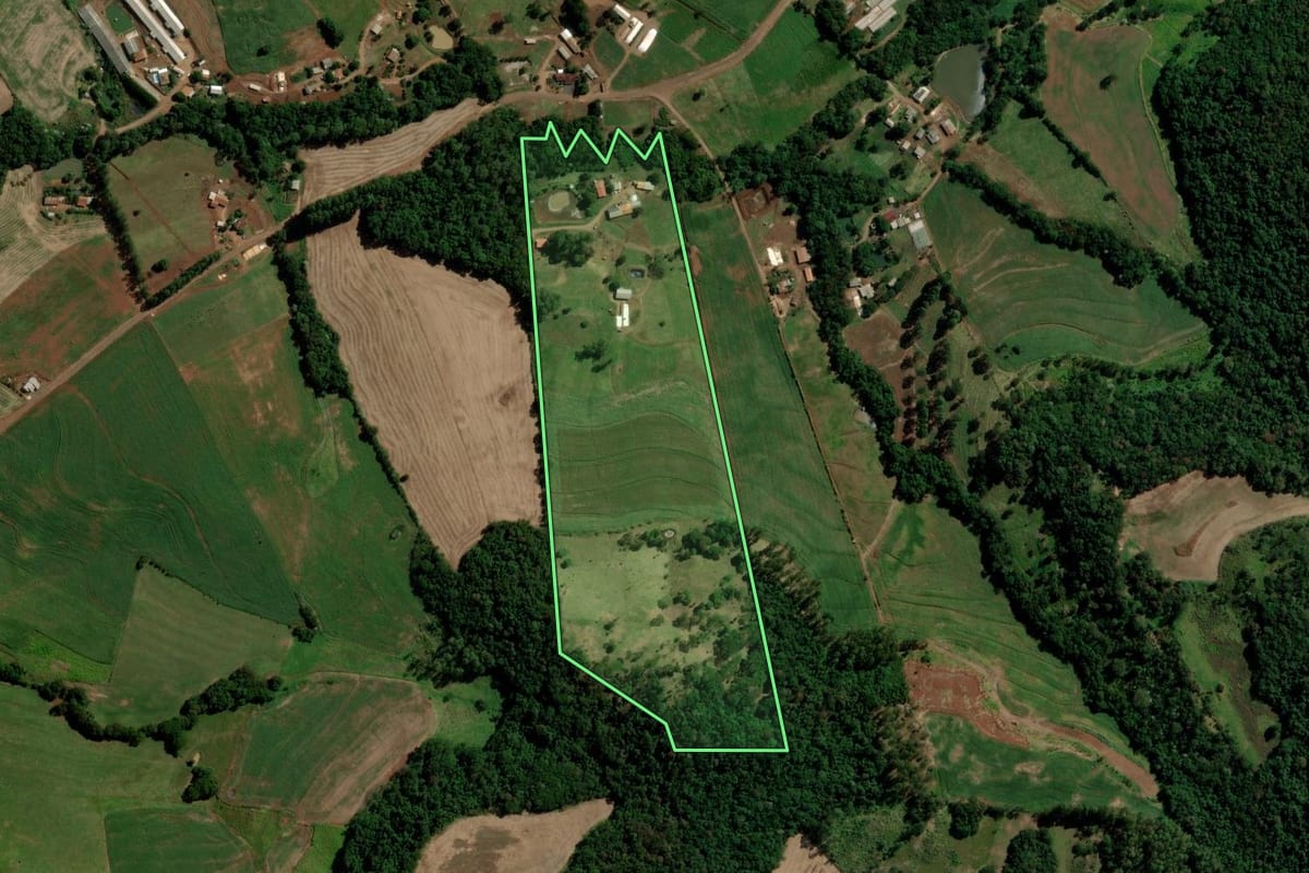 Imagem de satélite do imóvel rural em Nova Esperança do Sudoeste (PR), com o contorno declarado no CAR desenhado por cima.