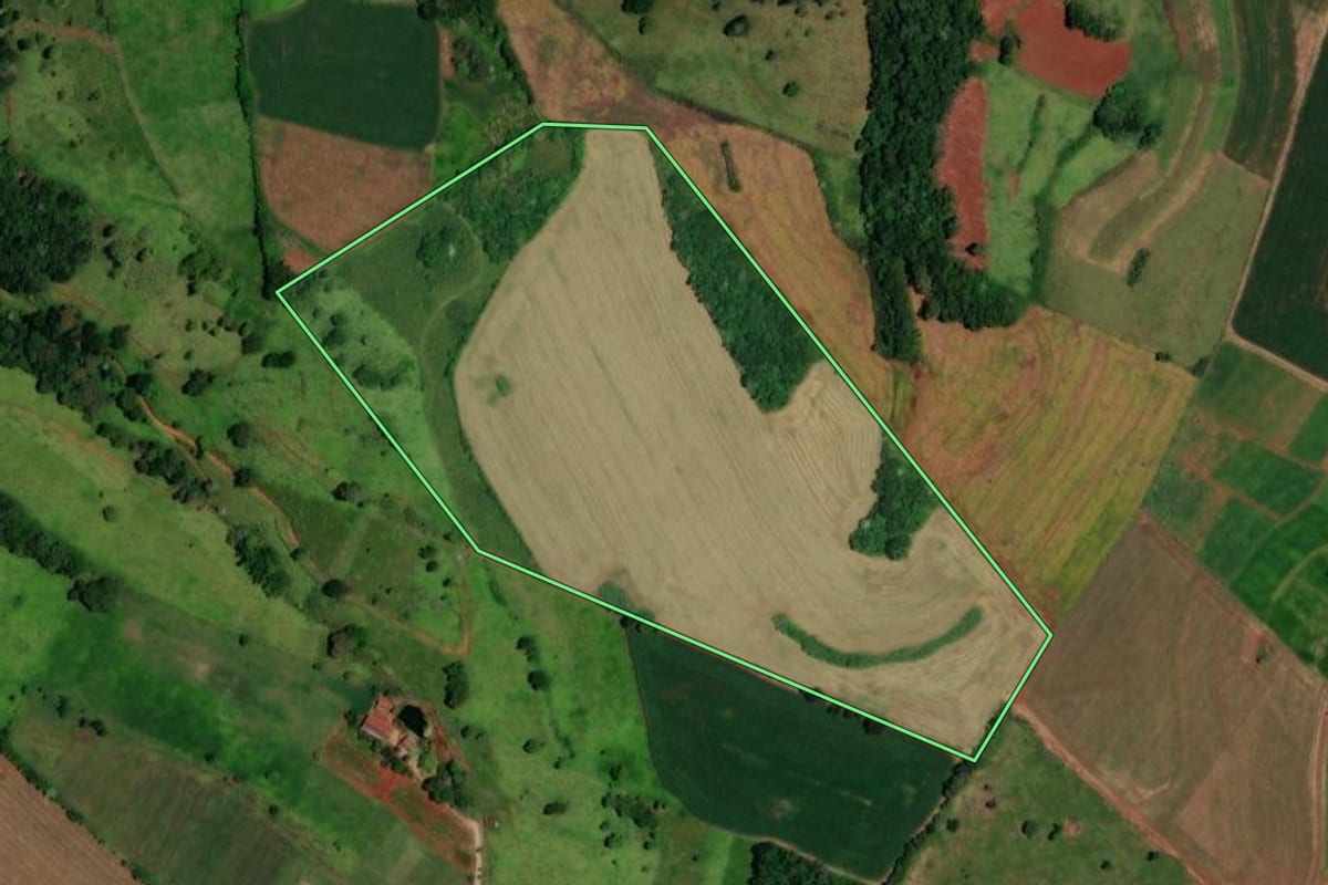 Imagem de satélite do imóvel rural em Nova Esperança do Sudoeste (PR), com o contorno declarado no CAR desenhado por cima.