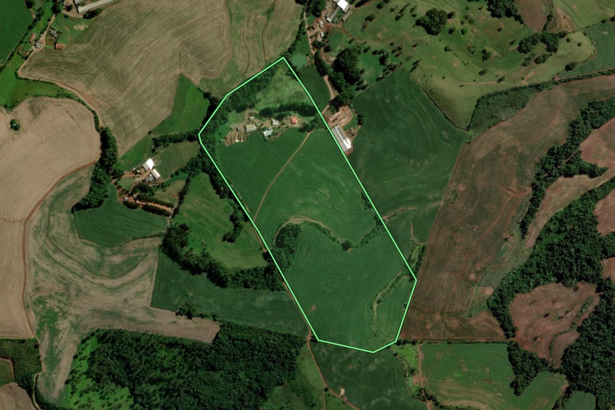 Imagem de satélite do imóvel rural em Nova Esperança do Sudoeste (PR), com o contorno declarado no CAR desenhado por cima.