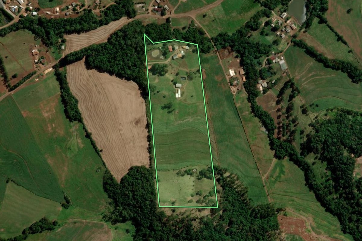 Imagem de satélite do imóvel rural em Nova Esperança do Sudoeste (PR), com o contorno declarado no CAR desenhado por cima.
