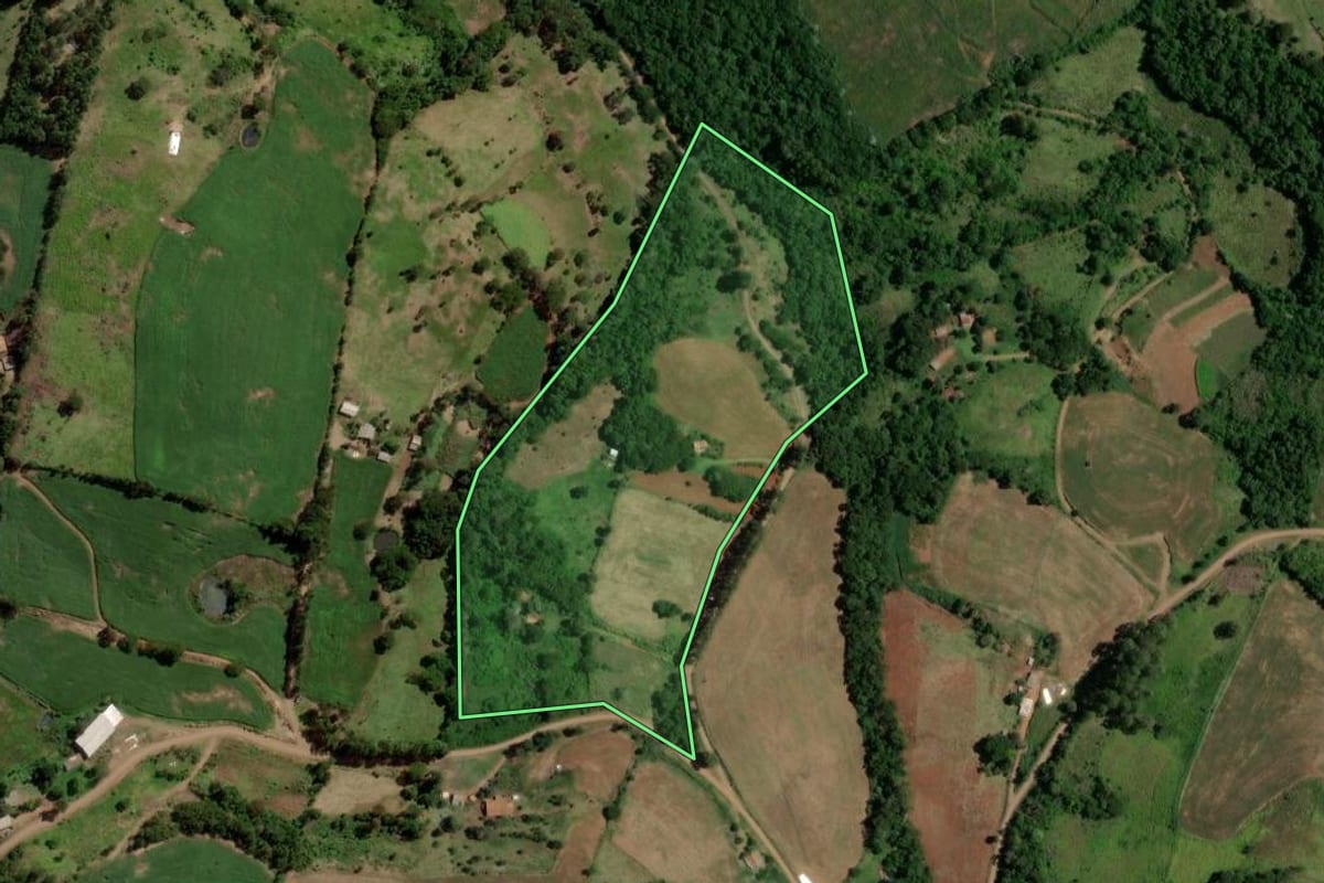 Imagem de satélite do imóvel rural em Nova Esperança do Sudoeste (PR), com o contorno declarado no CAR desenhado por cima.