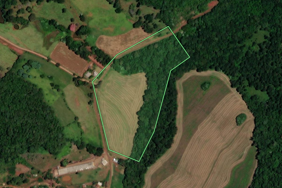 Imagem de satélite do imóvel rural em Nova Esperança do Sudoeste (PR), com o contorno declarado no CAR desenhado por cima.