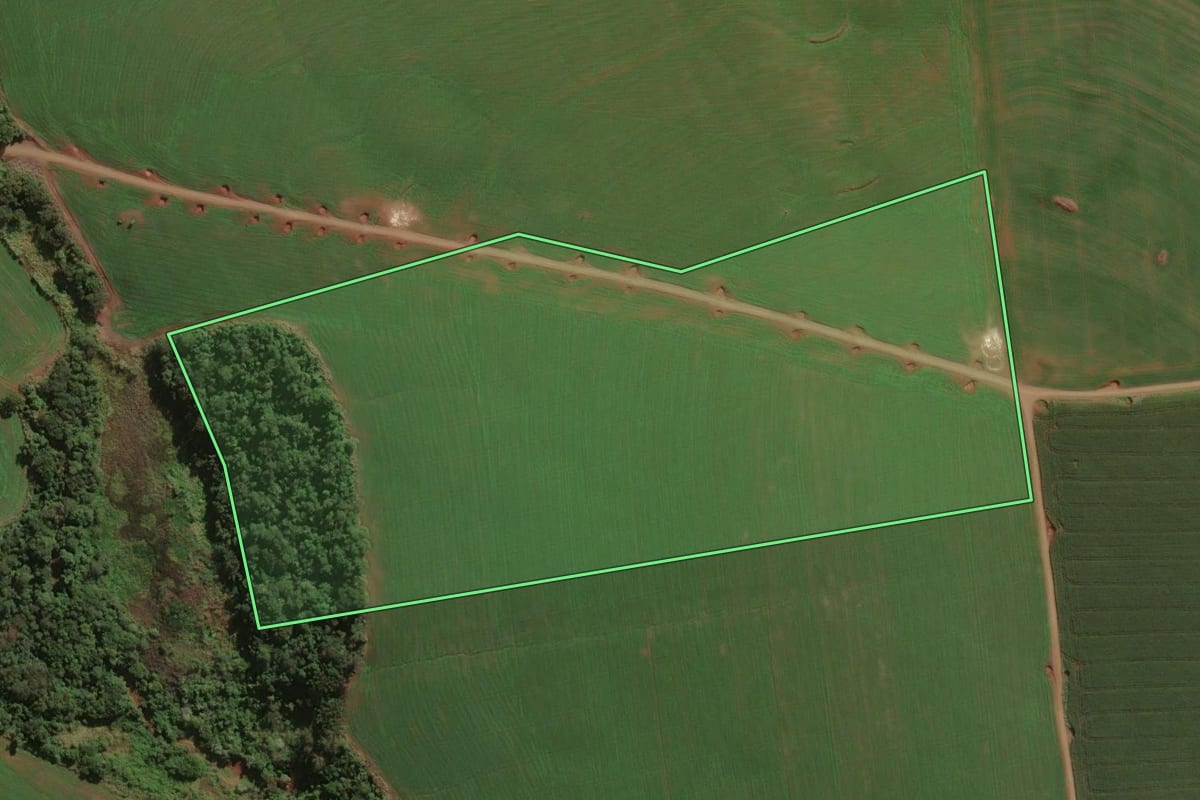 Imagem de satélite do imóvel rural em Nova Fátima (PR), com o contorno declarado no CAR desenhado por cima.