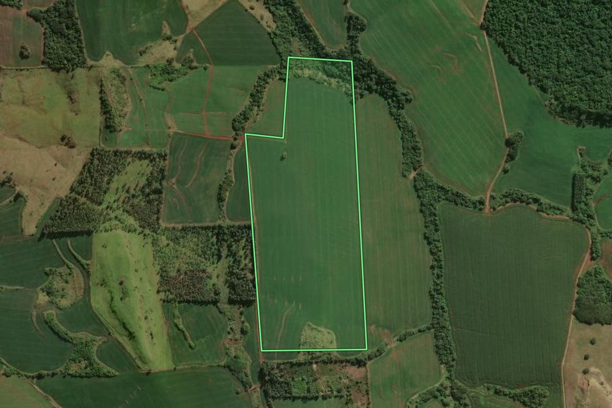 Imagem de satélite do imóvel rural em Nova Fátima (PR), com o contorno declarado no CAR desenhado por cima.