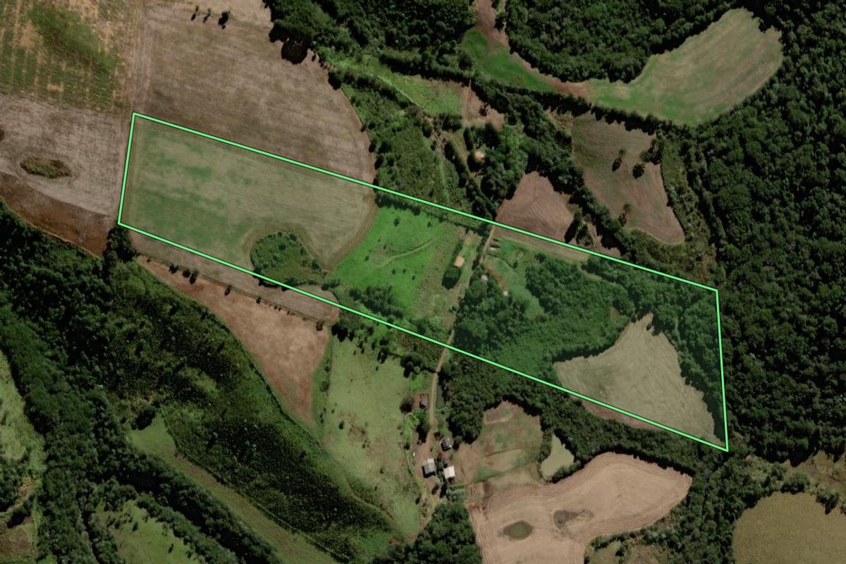 Imagem de satélite do imóvel rural em Nova Laranjeiras (PR), com o contorno declarado no CAR desenhado por cima.