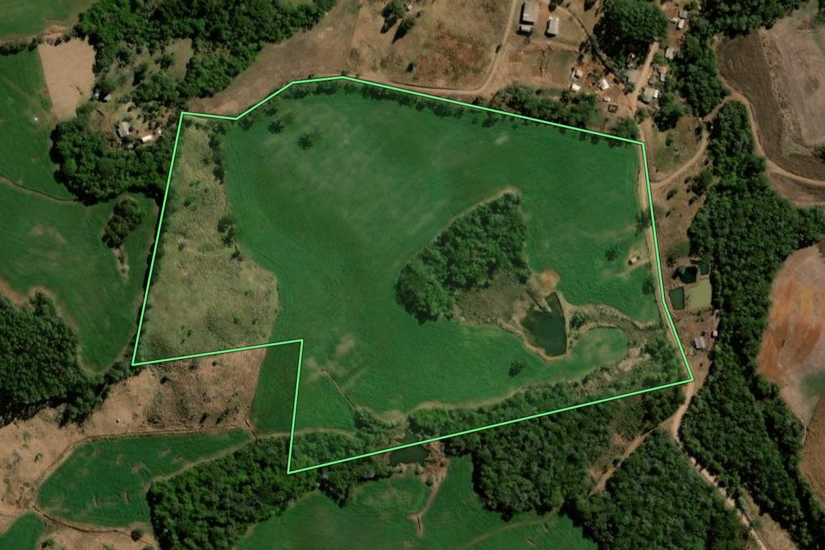 Imagem de satélite do imóvel rural em Nova Laranjeiras (PR), com o contorno declarado no CAR desenhado por cima.