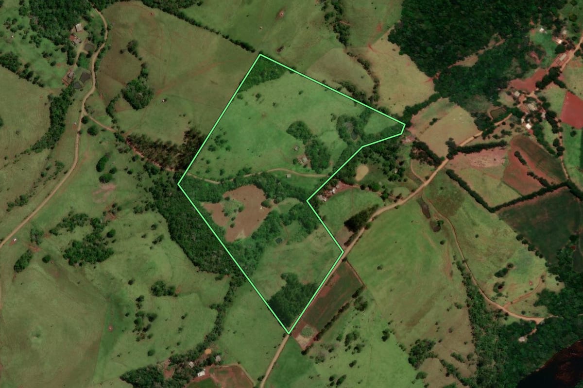 Imagem de satélite do imóvel rural em Nova Laranjeiras (PR), com o contorno declarado no CAR desenhado por cima.