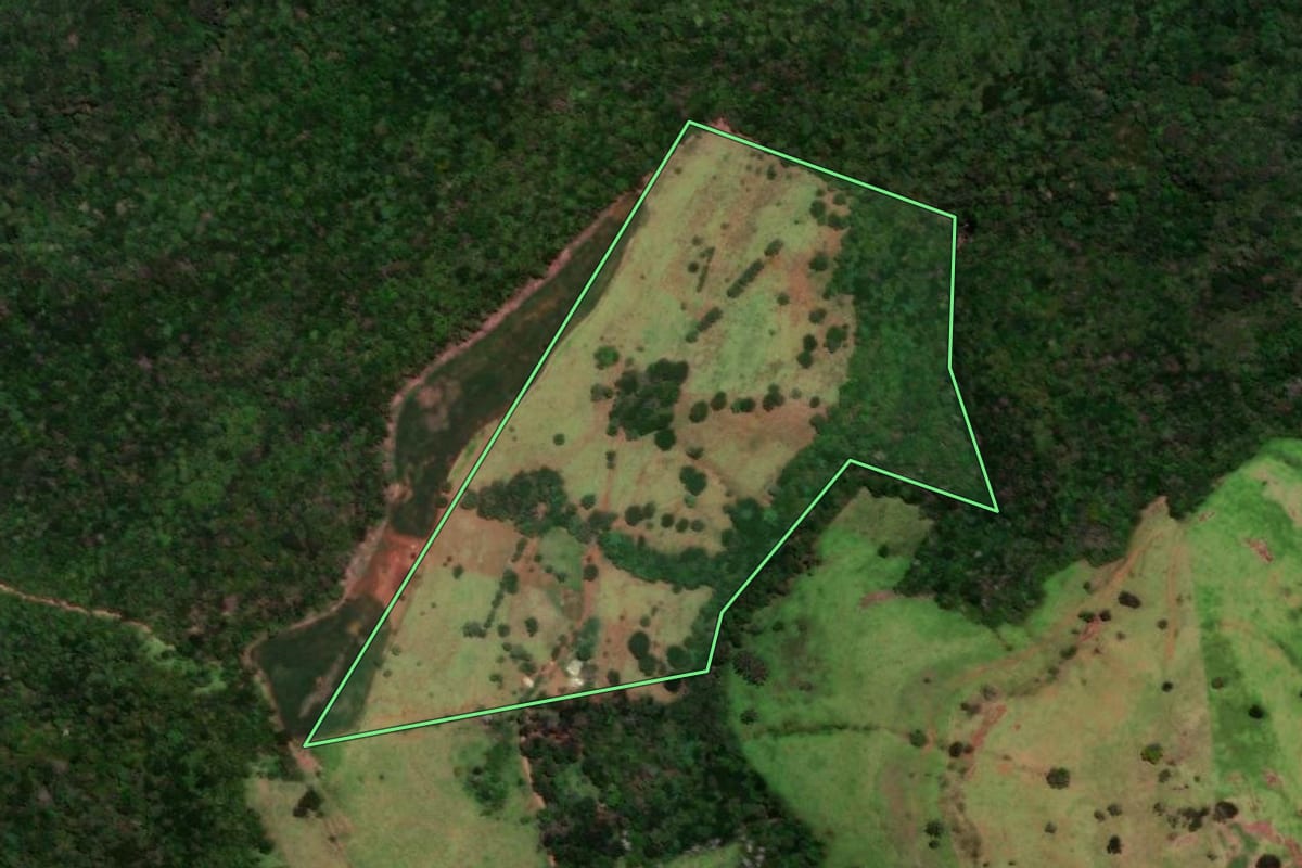 Imagem de satélite do imóvel rural em Nova Laranjeiras (PR), com o contorno declarado no CAR desenhado por cima.