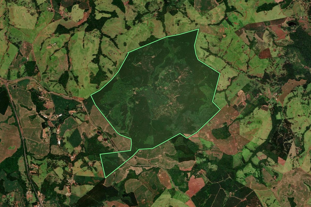 Imagem de satélite do imóvel rural em Nova Laranjeiras (PR), com o contorno declarado no CAR desenhado por cima.