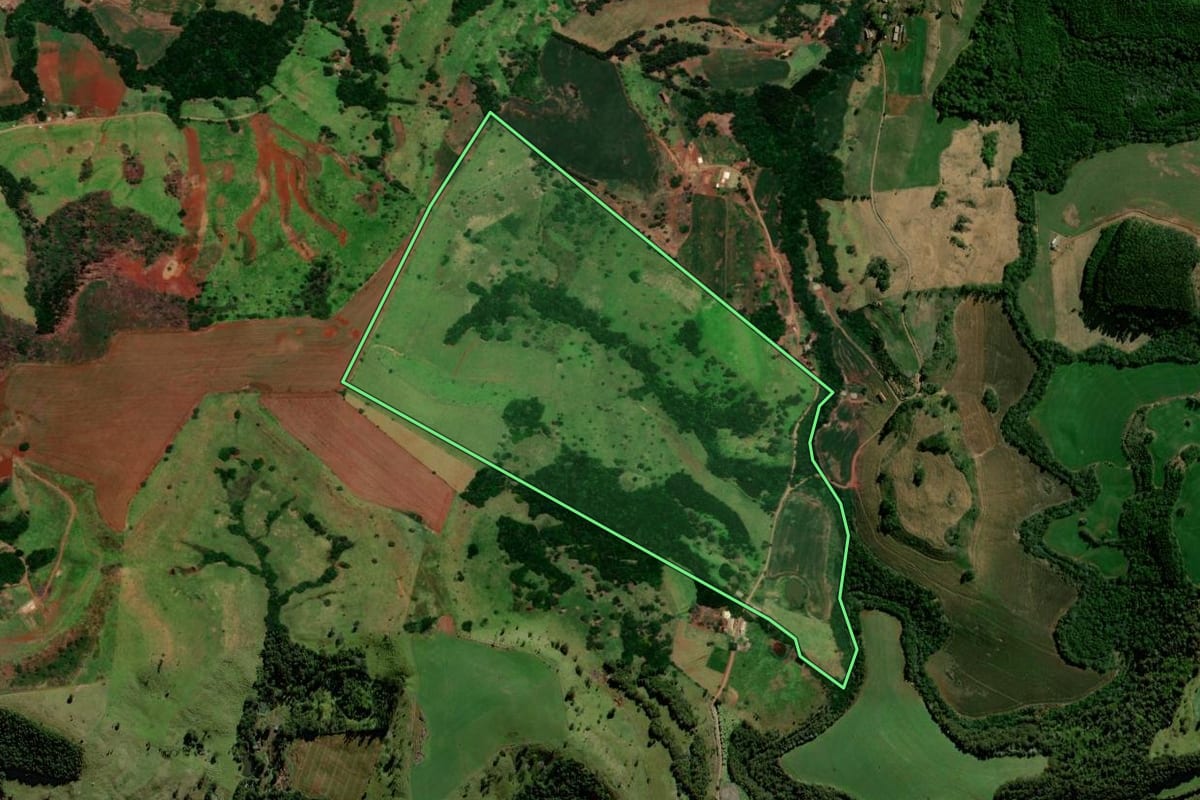 Imagem de satélite do imóvel rural em Nova Laranjeiras (PR), com o contorno declarado no CAR desenhado por cima.