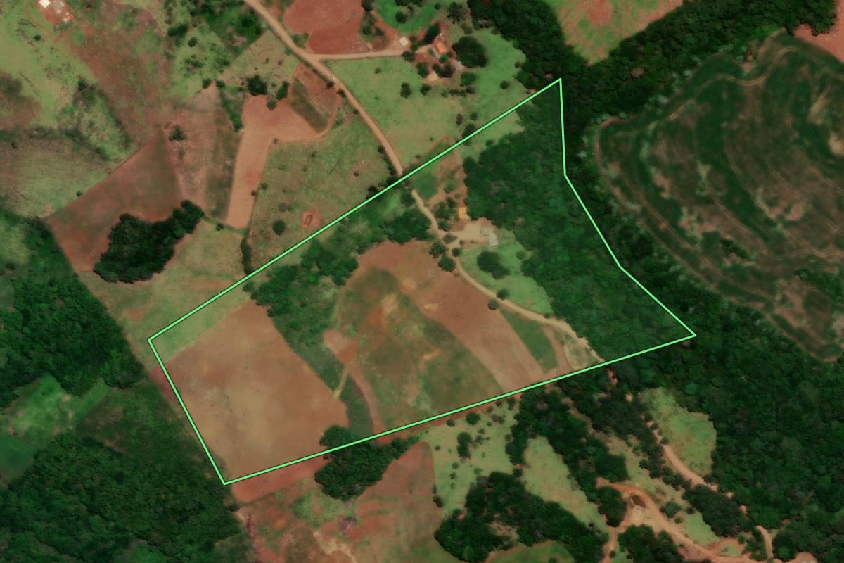 Imagem de satélite do imóvel rural em Nova Laranjeiras (PR), com o contorno declarado no CAR desenhado por cima.