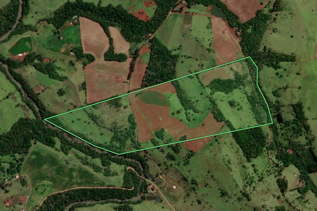 Imagem de satélite do imóvel rural em Nova Laranjeiras (PR), com o contorno declarado no CAR desenhado por cima.