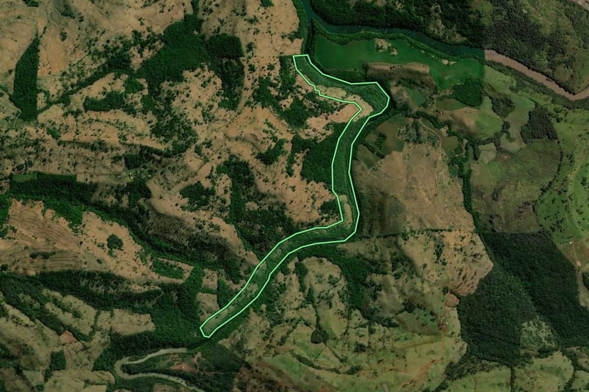 Imagem de satélite do imóvel rural em Nova Laranjeiras (PR), com o contorno declarado no CAR desenhado por cima.