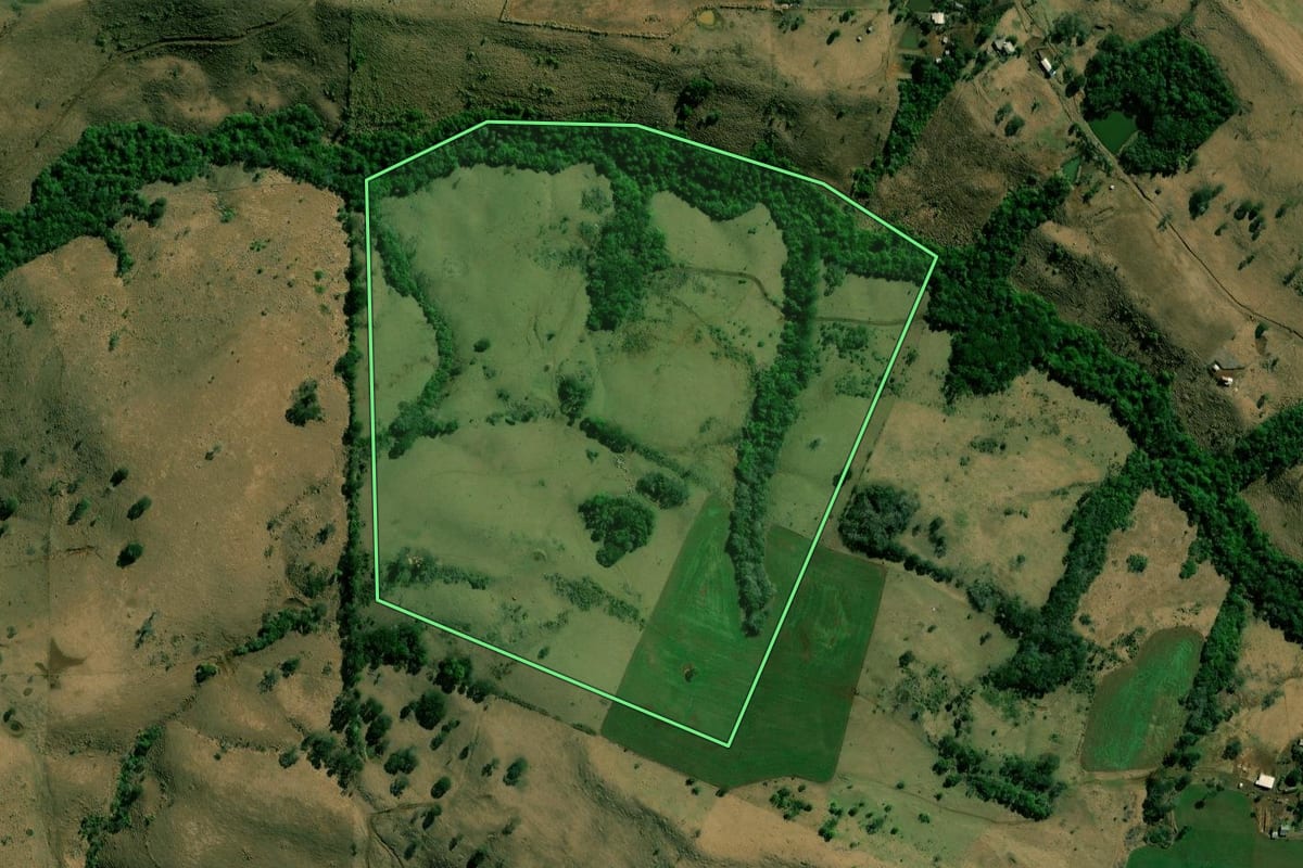 Imagem de satélite do imóvel rural em Nova Laranjeiras (PR), com o contorno declarado no CAR desenhado por cima.