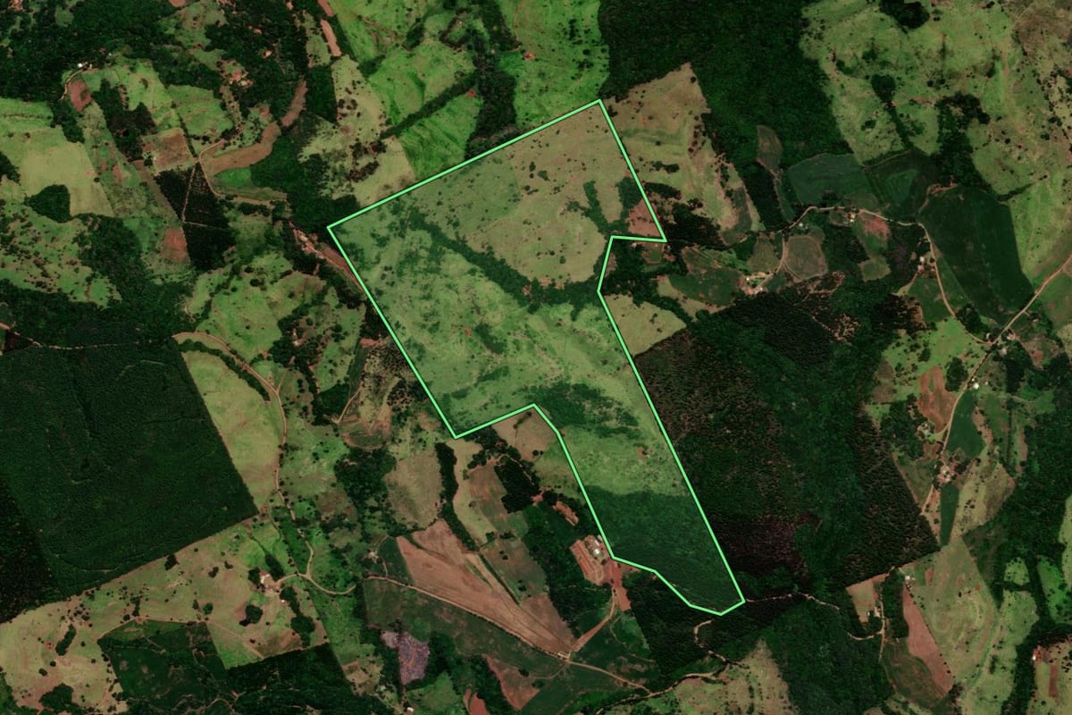 Imagem de satélite do imóvel rural em Nova Laranjeiras (PR), com o contorno declarado no CAR desenhado por cima.