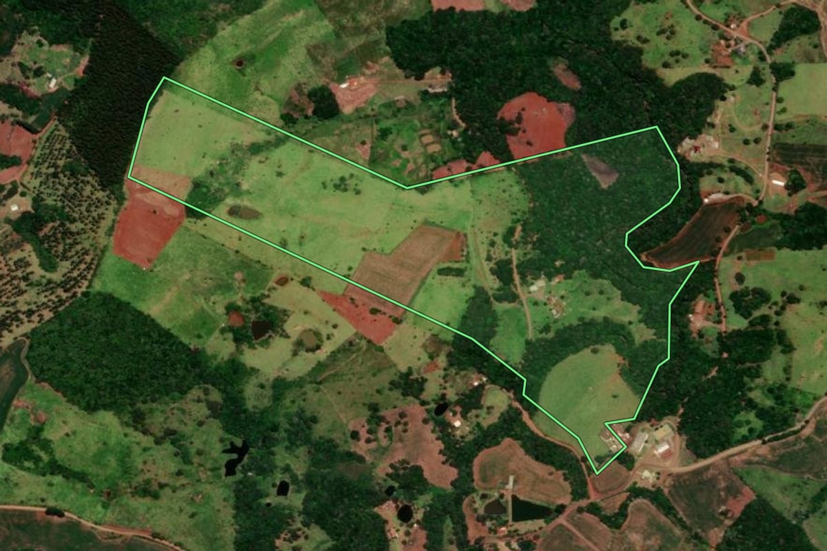 Imagem de satélite do imóvel rural em Nova Laranjeiras (PR), com o contorno declarado no CAR desenhado por cima.