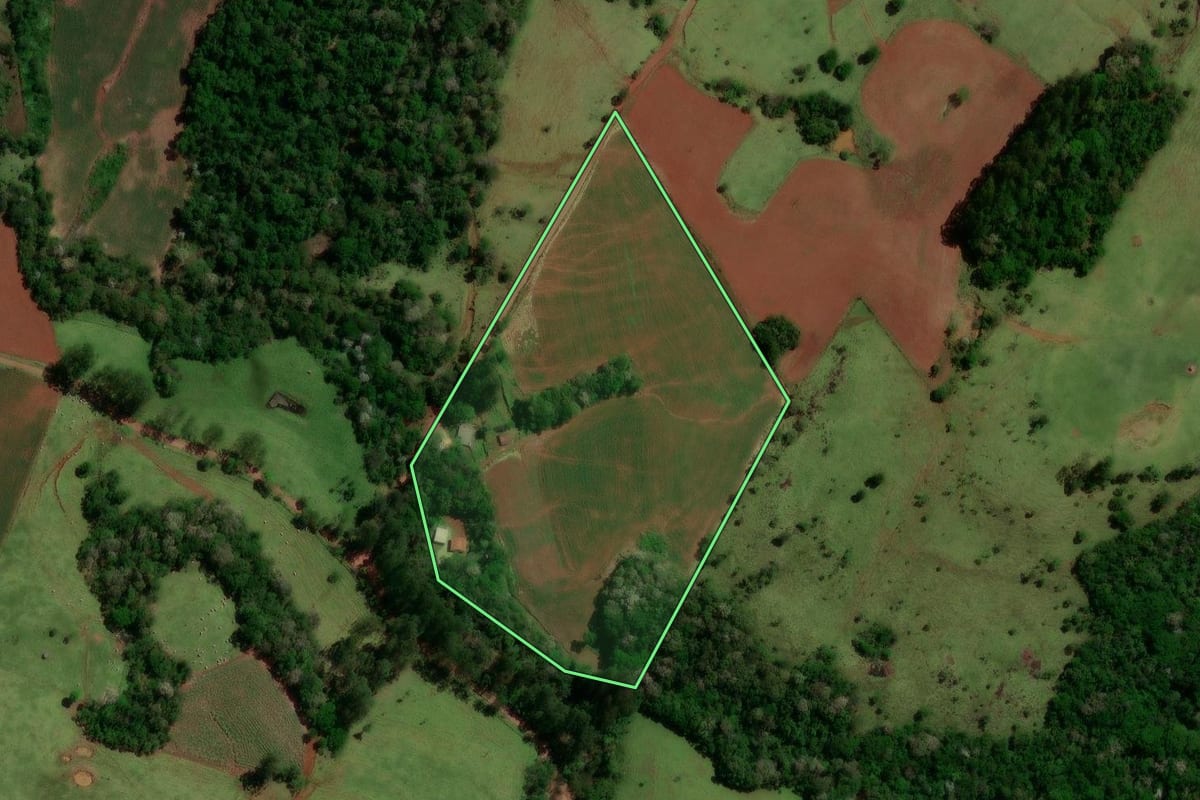 Imagem de satélite do imóvel rural em Nova Laranjeiras (PR), com o contorno declarado no CAR desenhado por cima.