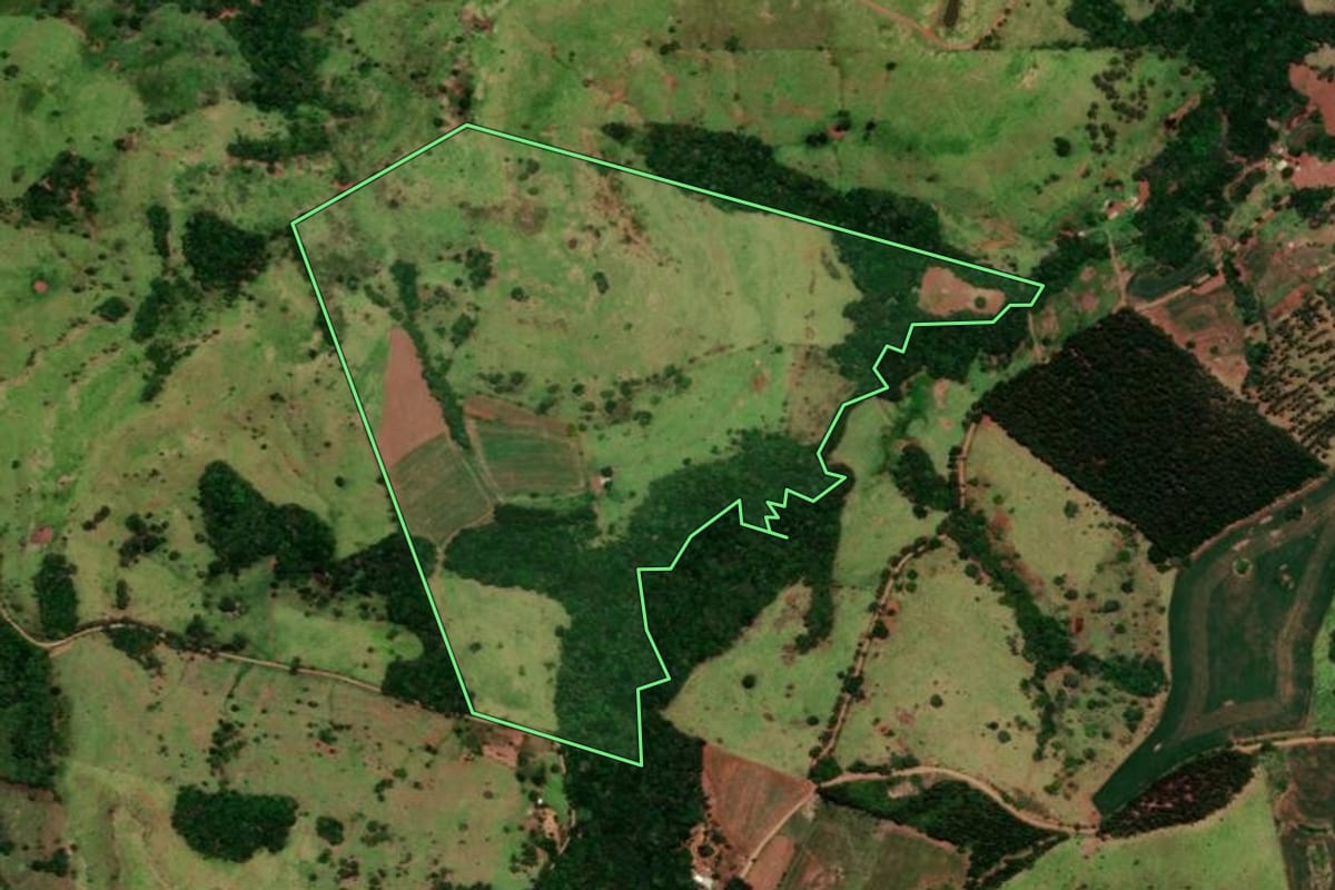 Imagem de satélite do imóvel rural em Nova Laranjeiras (PR), com o contorno declarado no CAR desenhado por cima.