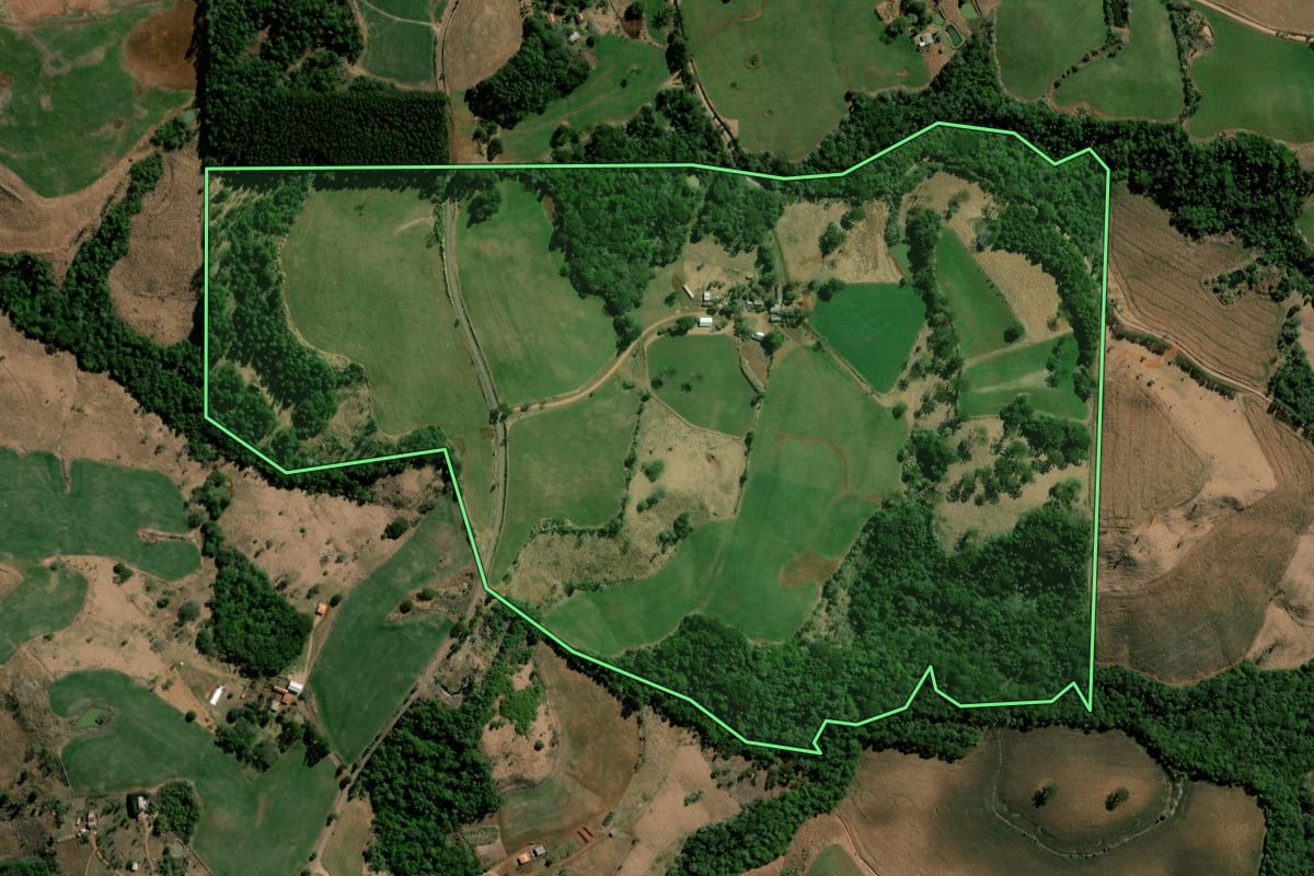 Imagem de satélite do imóvel rural em Nova Laranjeiras (PR), com o contorno declarado no CAR desenhado por cima.