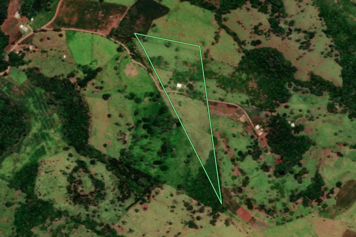 Imagem de satélite do imóvel rural em Nova Laranjeiras (PR), com o contorno declarado no CAR desenhado por cima.