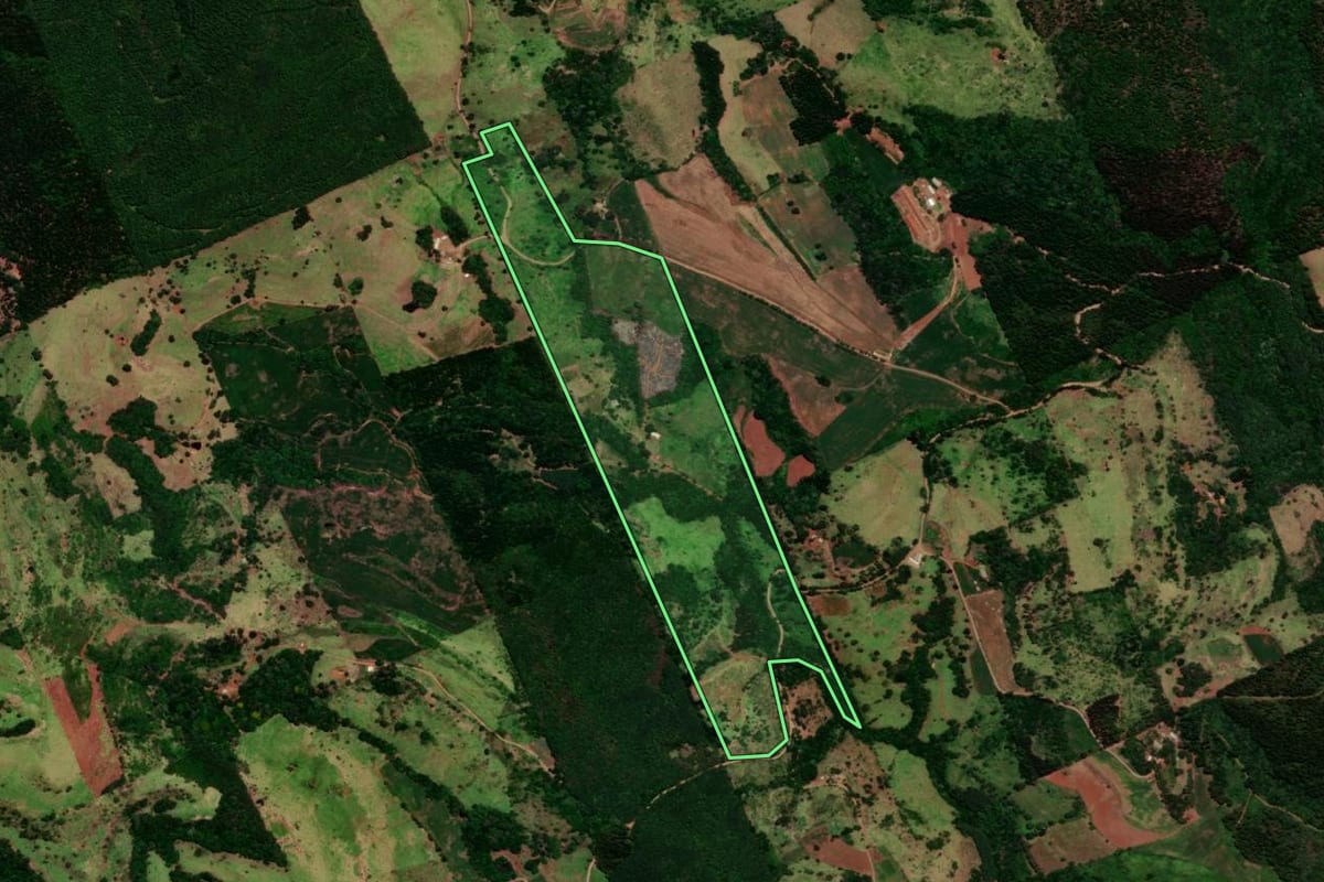 Imagem de satélite do imóvel rural em Nova Laranjeiras (PR), com o contorno declarado no CAR desenhado por cima.