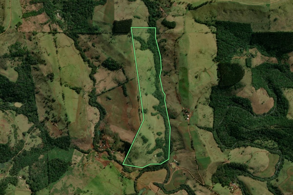 Imagem de satélite do imóvel rural em Nova Laranjeiras (PR), com o contorno declarado no CAR desenhado por cima.