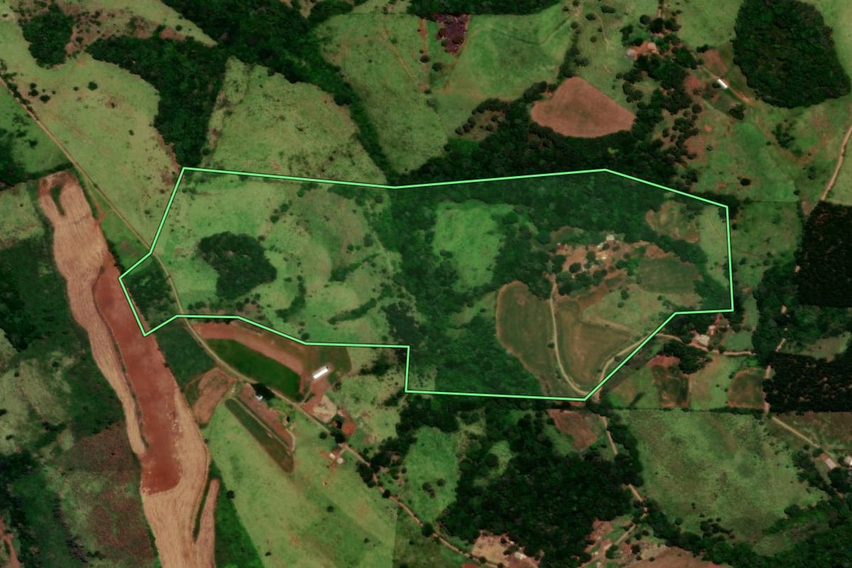 Imagem de satélite do imóvel rural em Nova Laranjeiras (PR), com o contorno declarado no CAR desenhado por cima.