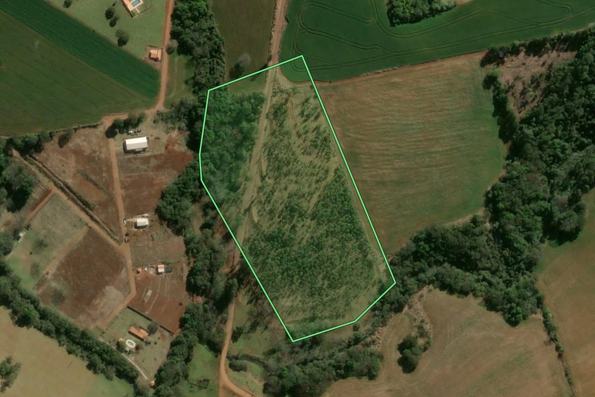 Imagem de satélite do imóvel rural em Nova Santa Bárbara (PR), com o contorno declarado no CAR desenhado por cima.