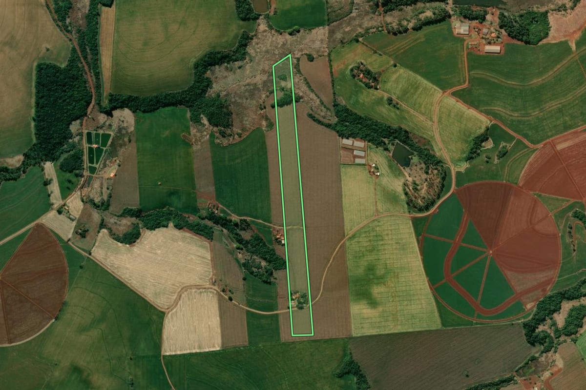 Imagem de satélite do imóvel rural em Nova Santa Bárbara (PR), com o contorno declarado no CAR desenhado por cima.